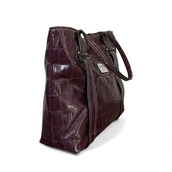 Y2K Guess Croc Embossed Tote Bag | Burgundy Patent Shoulder Bag - Picture 2 of 8